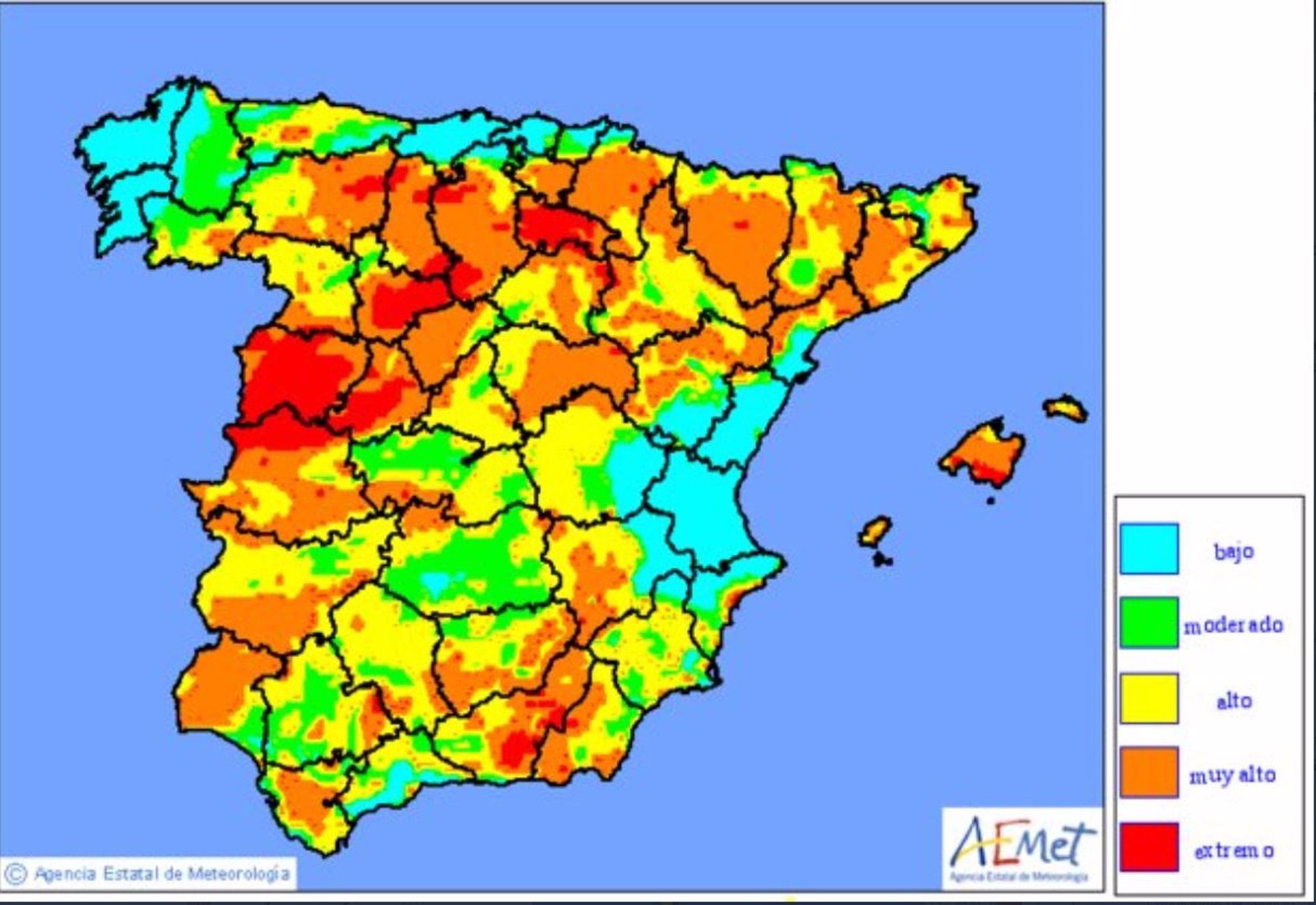 Mapa del riesto de incendios en España de la Aemet, para este lunes | Fotografía EP