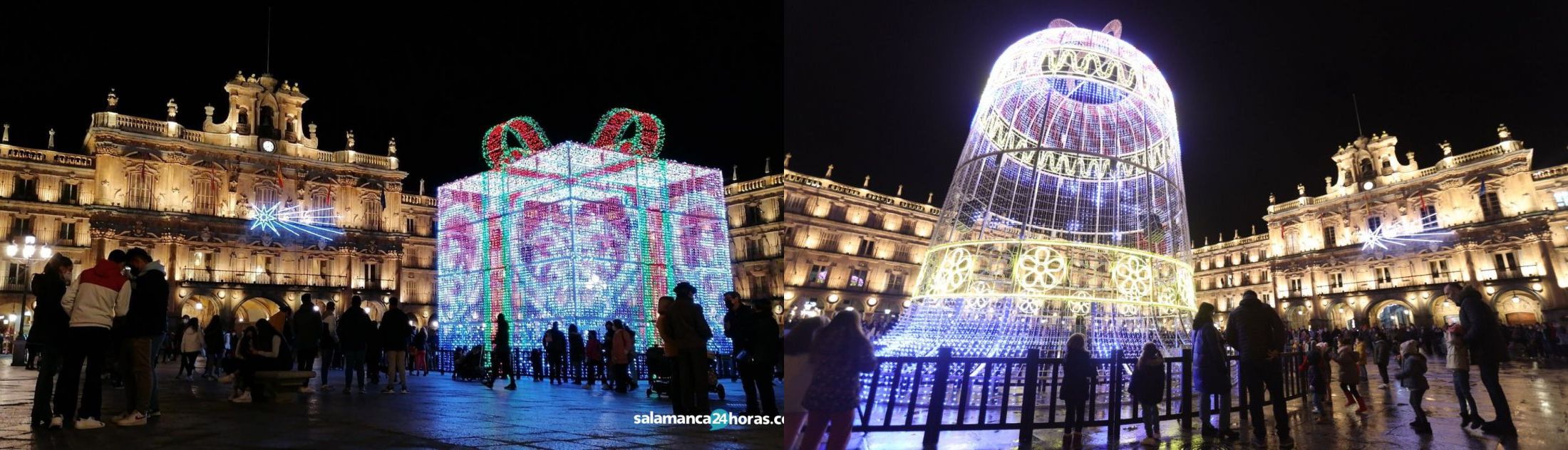 Los adornos de Navidad de 2020 (izquierda) y 2021 (derecha) de la Plaza Mayor