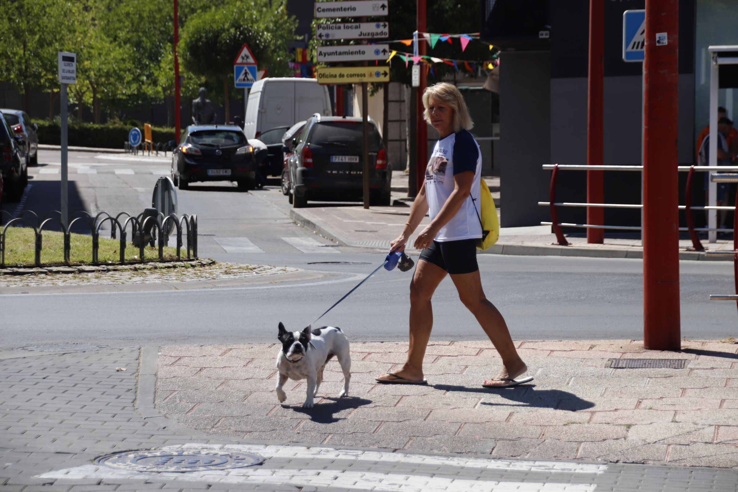 Señora paseando a su perro en verano, calor