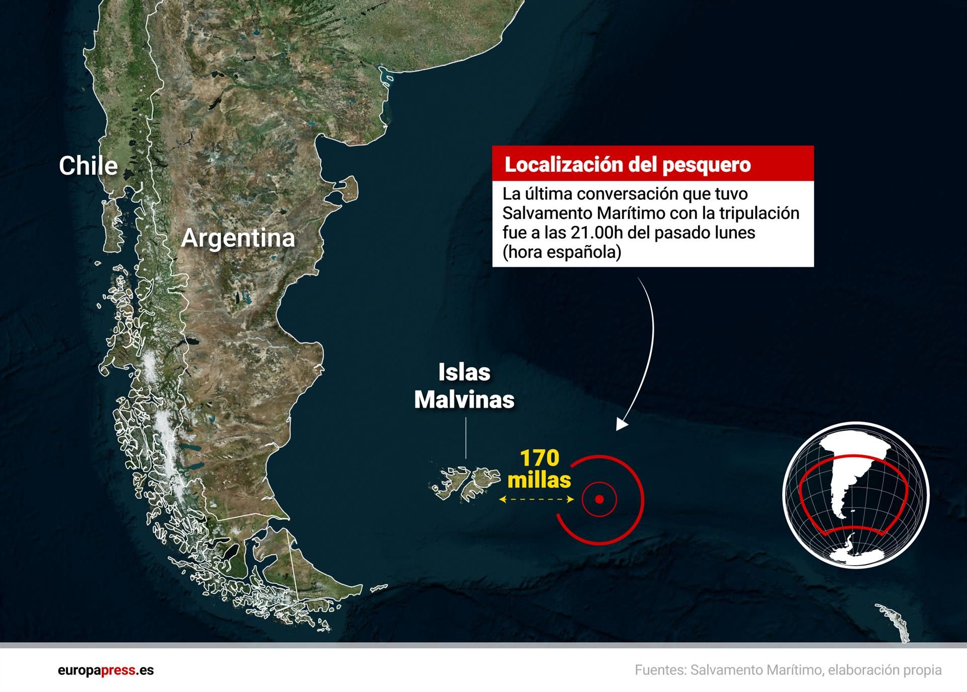 Infografía con localización del pesquero 'Arcos Georgia' naufragado en las proximidades de las islas Malvinas, donde han fallecido al menos seis personas y siete han desaparecido. EP 