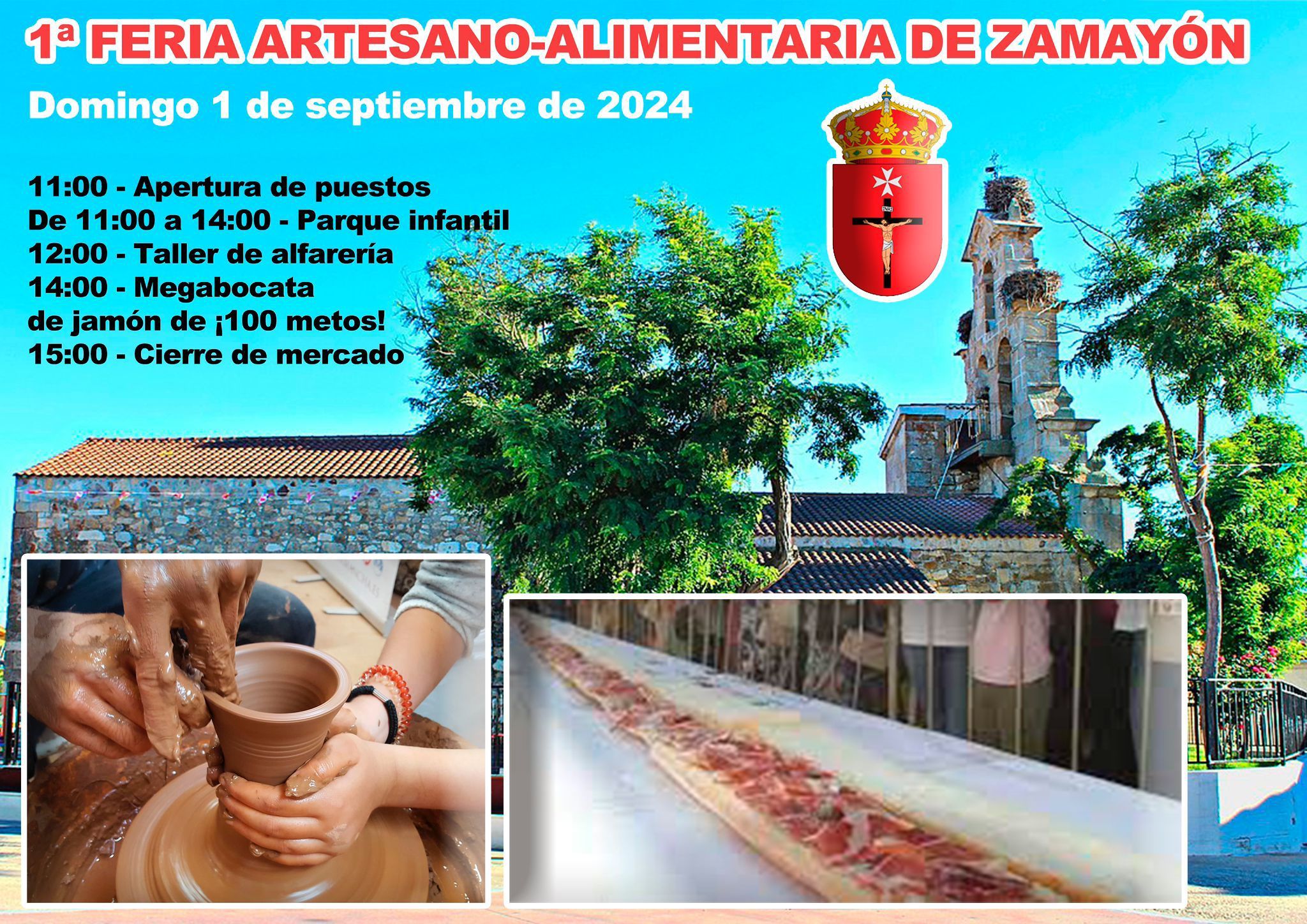 CARTEL -  Zamayón ha sido la localidad salmantina para batir el récord del bocadillo de jamón más largo