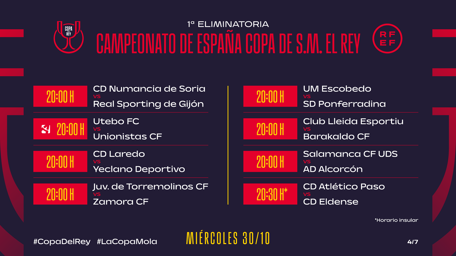 Hoarios Copa del Rey del martes, 30 de octubre