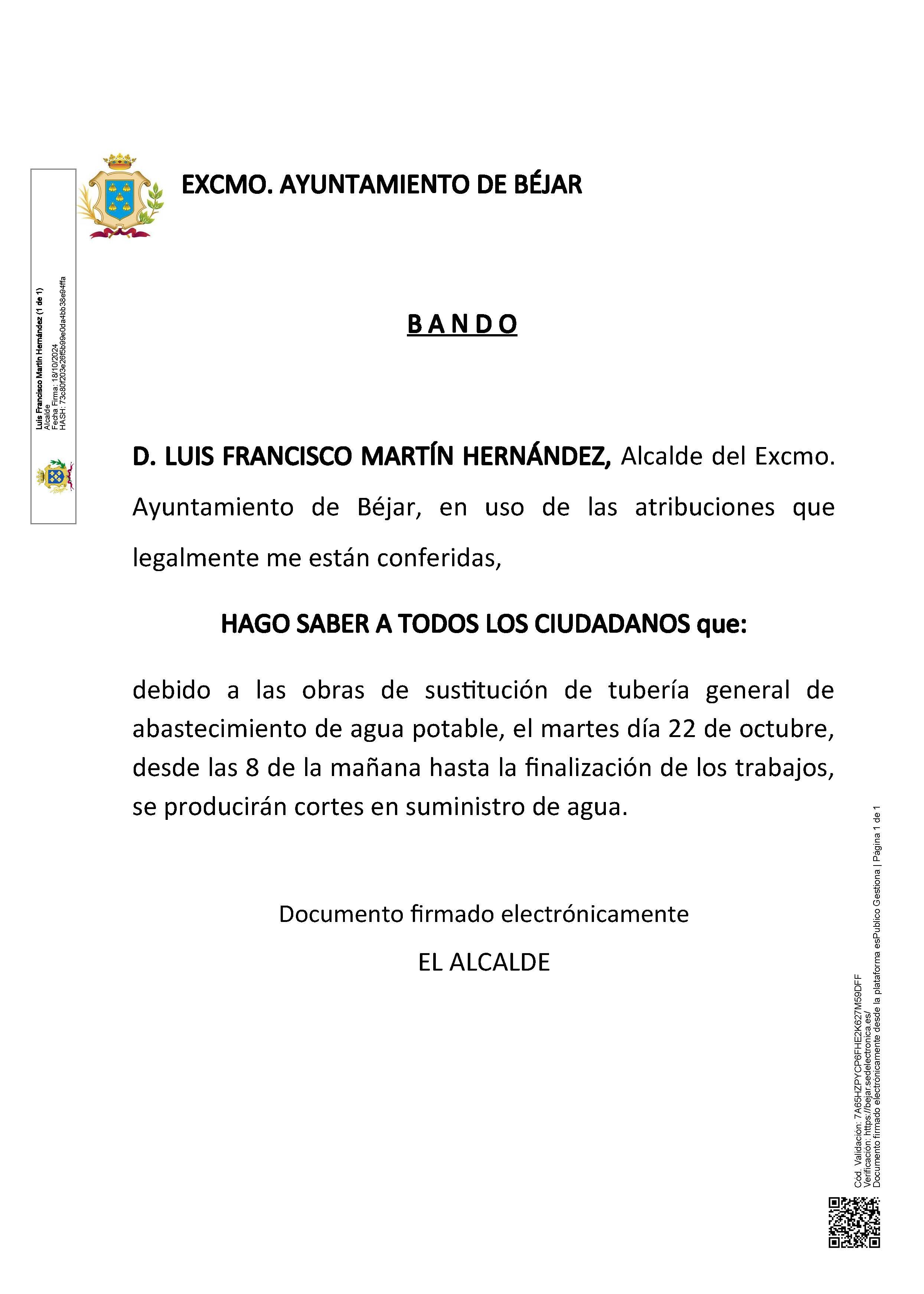 Bando emitido por el Ayuntamiento de Béjar por posibles cortes en el suministro de agua del martes, 22 de octubre