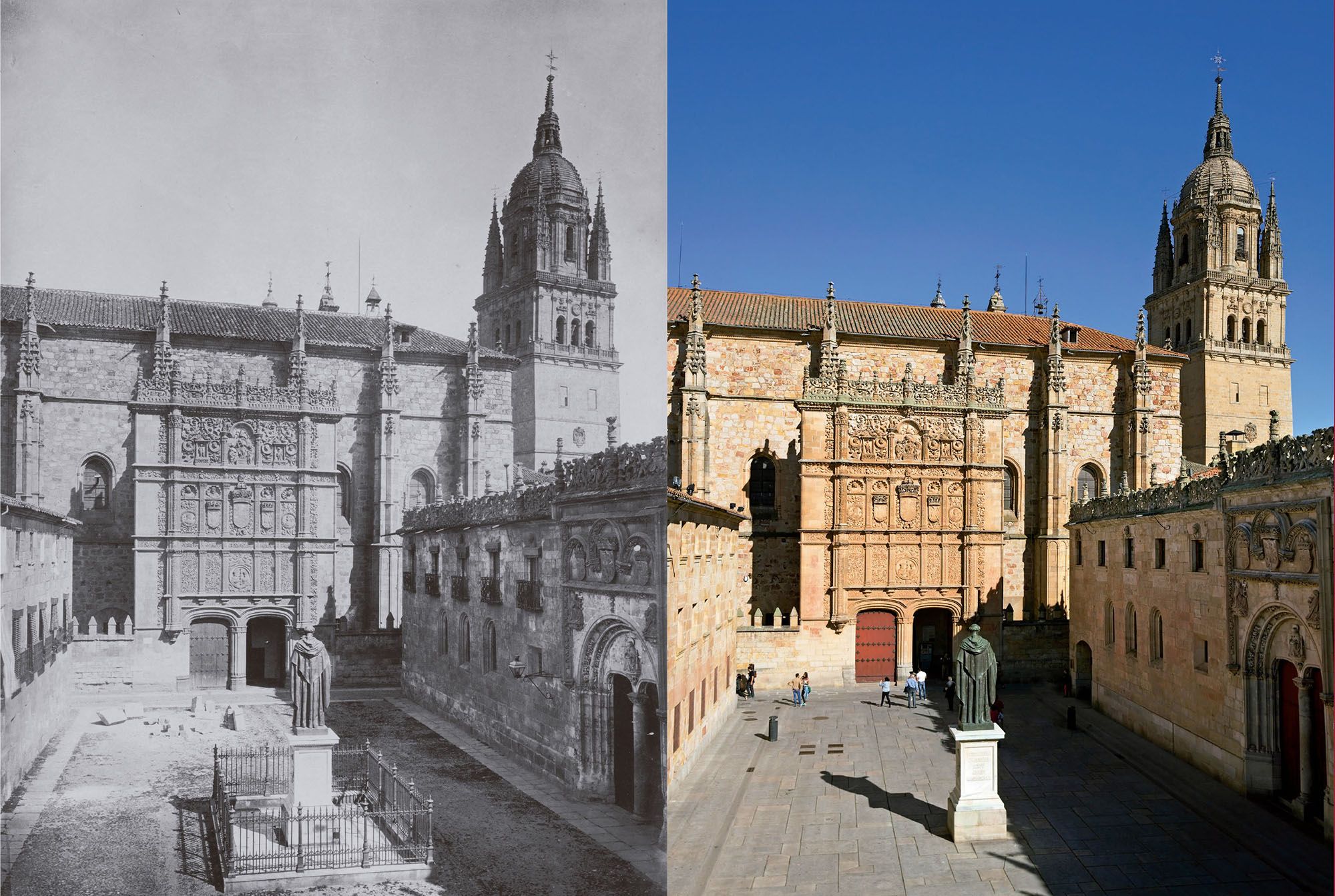 Patio de Escuelas. Fotografía izquierda: Jean Laurent (propiedad del Museo de Salamanca). Derecha: Vicente Sierra Puparelli