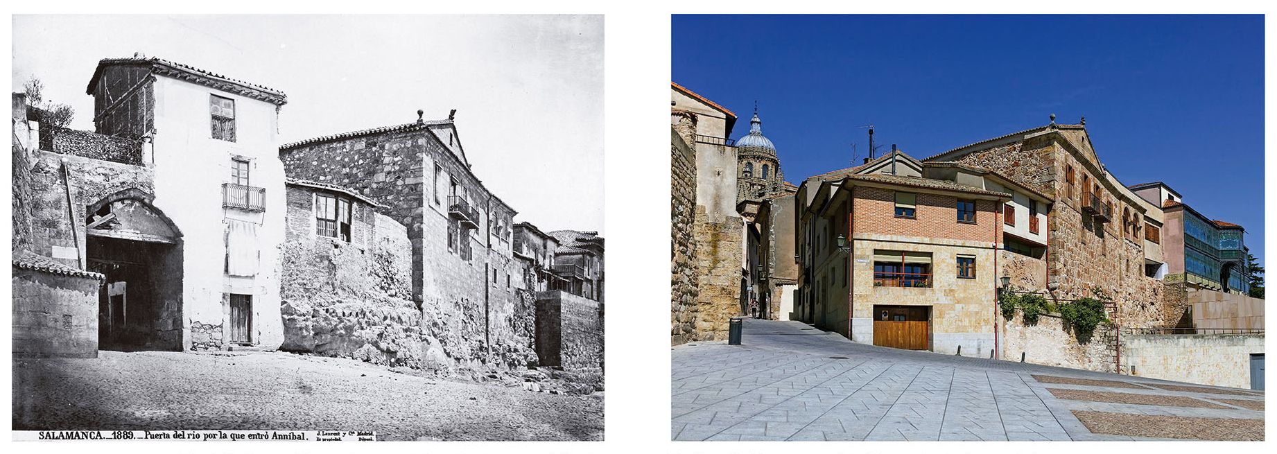 Entrada calle Tentenecio. Fotografía izquierda: Jean Laurent (propiedad del Museo de Salamanca). Derecha: Vicente Sierra Puparelli