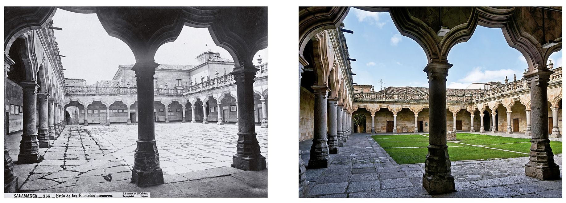 Patio de Escuelas Menores. Fotografía izquierda: Jean Laurent (propiedad del Museo de Salamanca). Derecha: Vicente Sierra Puparelli