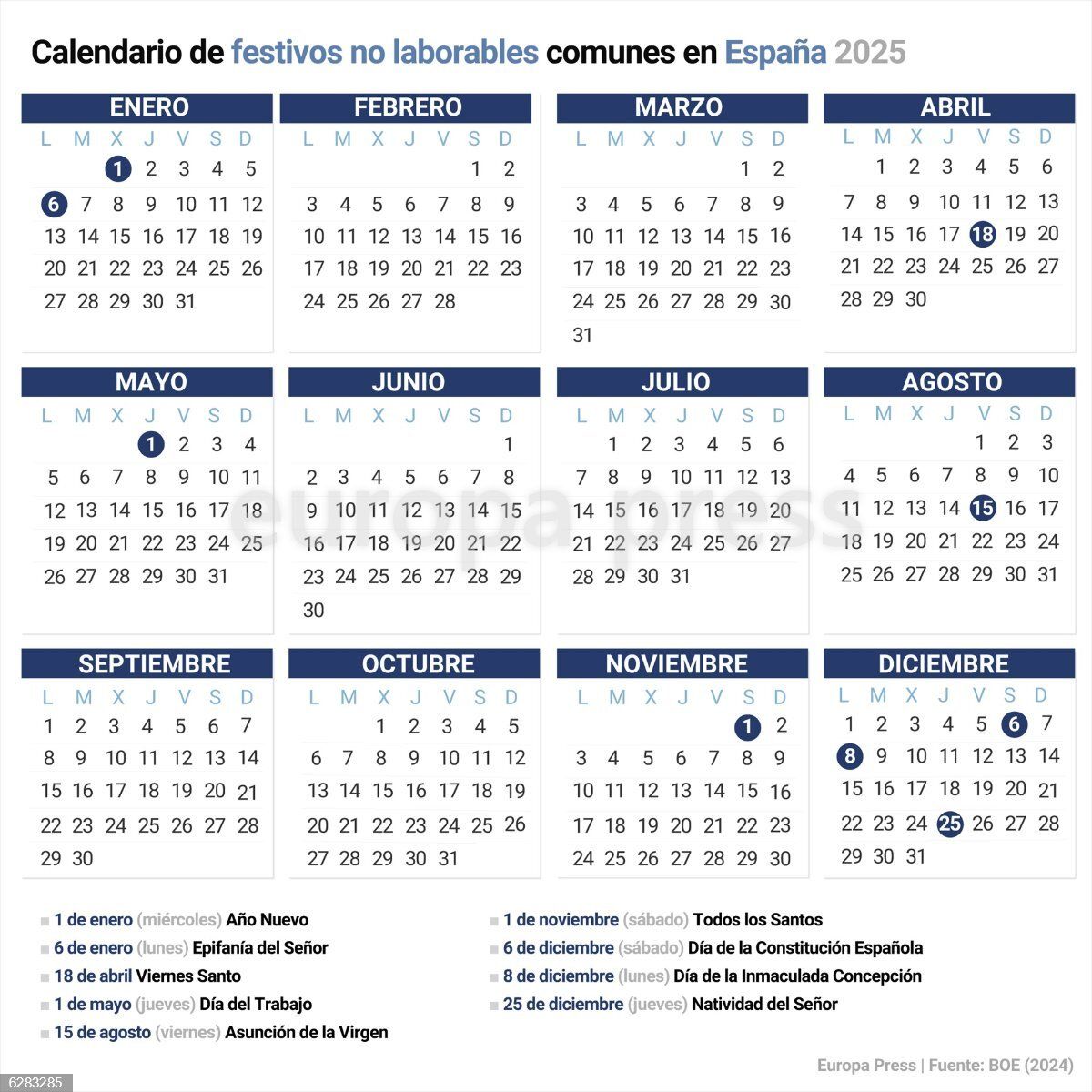 Calendario de festivos no laborables en España 2025. Foto Europa Press