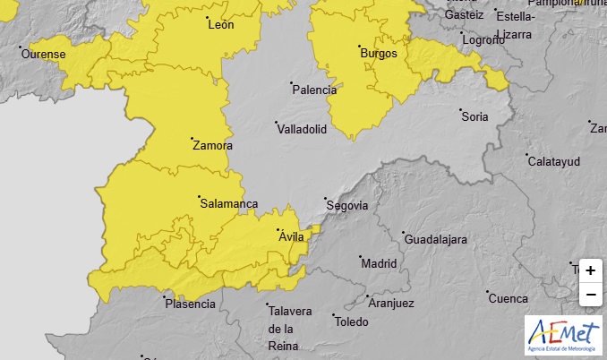 Aviso amarillo por lluvias y viento en la provincia de Salamanca para el domingo, 5 de enero de 2025. Foto @AEMET_CyL