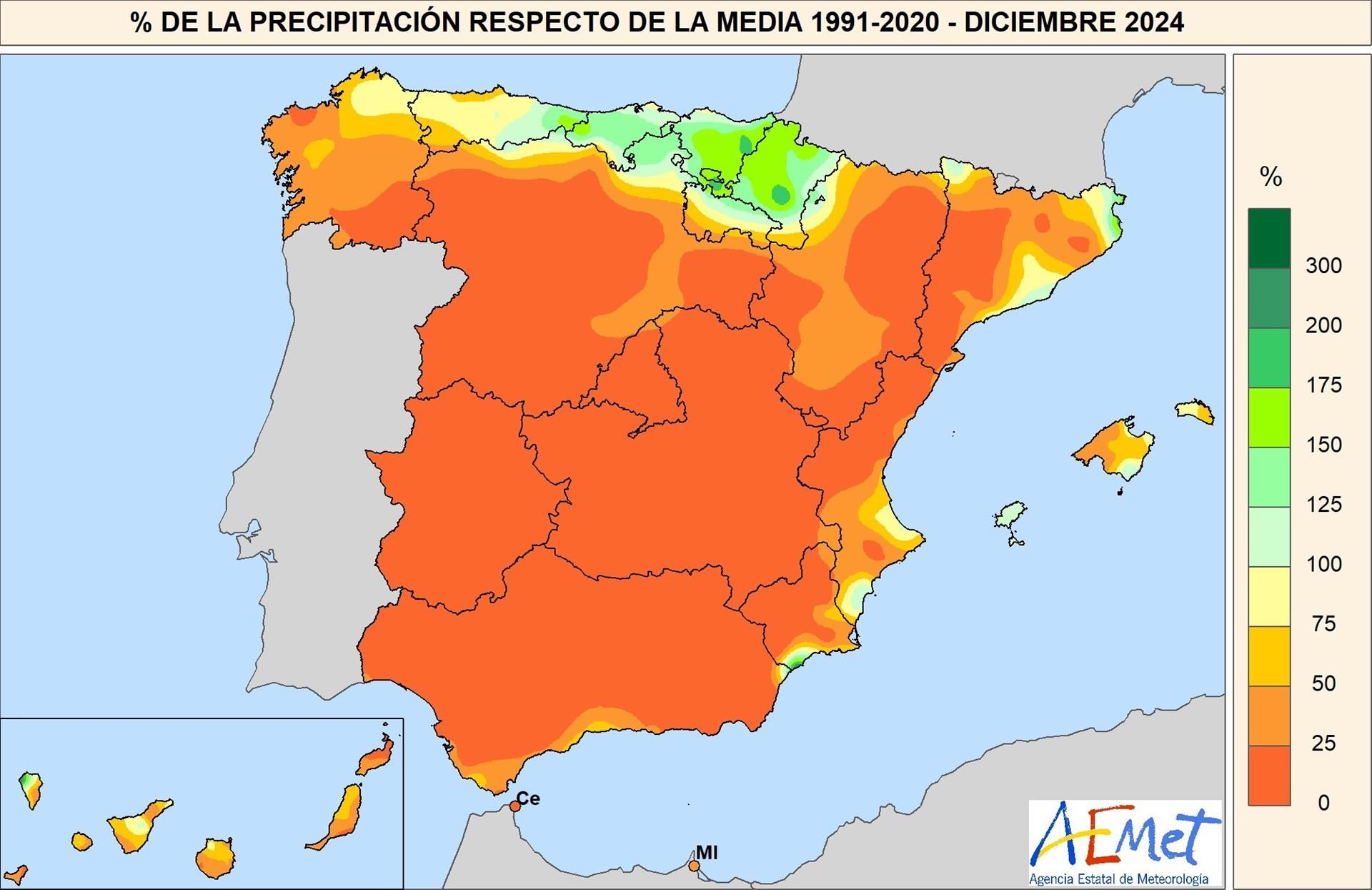 Porcentaje de la precipitación con respecto a la media 1991-2020 en diciembre de 2024 - MITECO