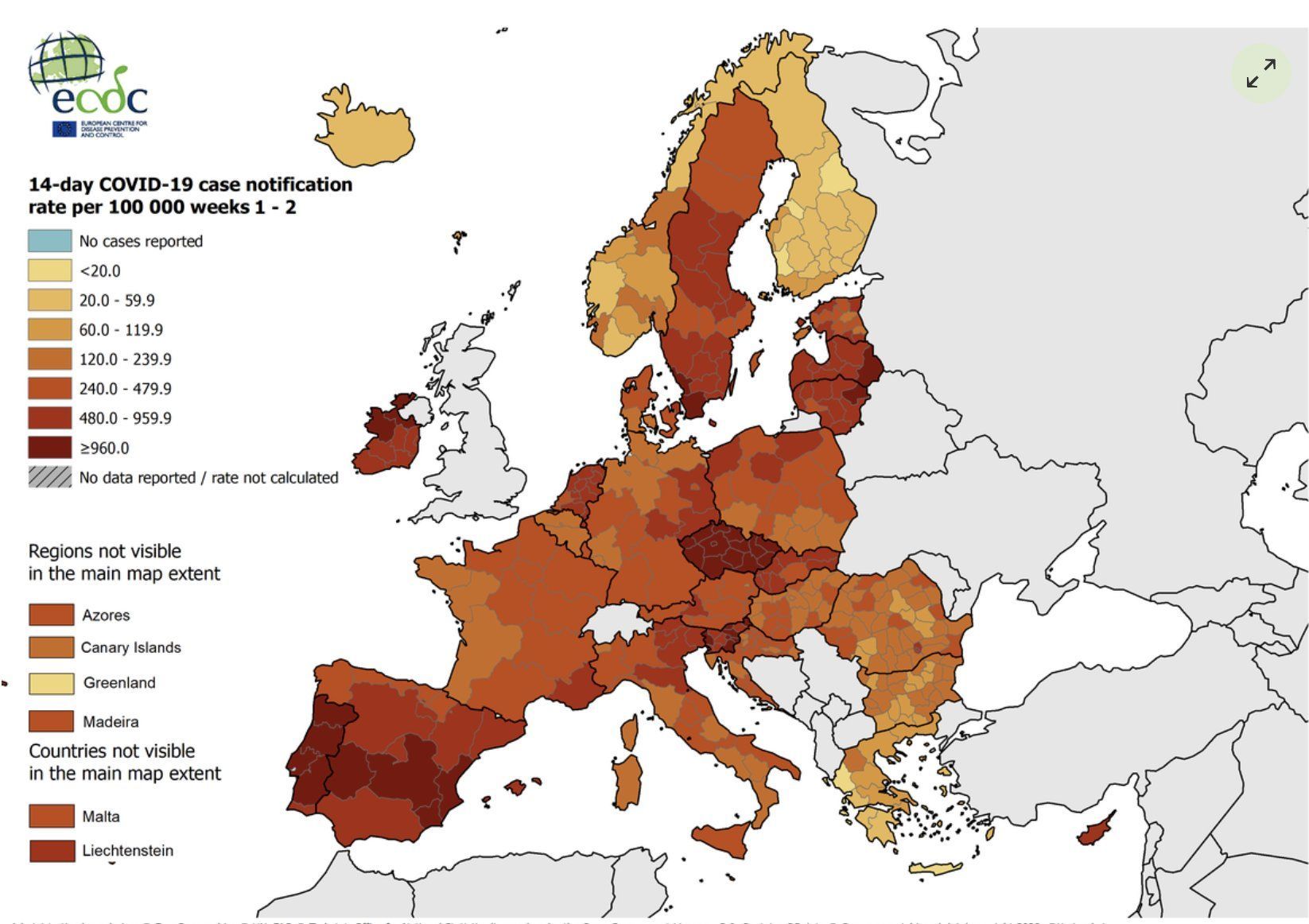 Mapa de la incidencia en España en los últimos 14 días